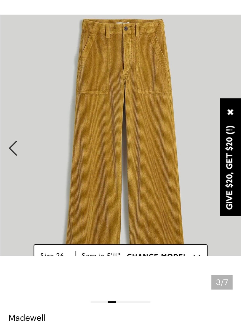 Madewell Gold/Light Brown Wide-Leg Corduroy Pants